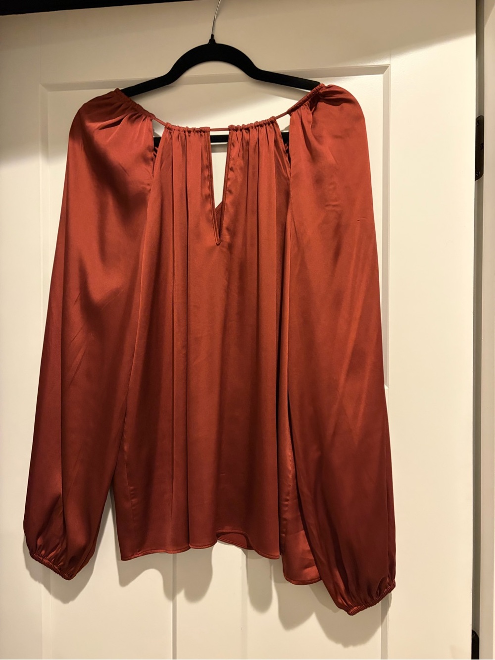White House Black Market Rust Satin Long-Sleeve Keyhole Blouse